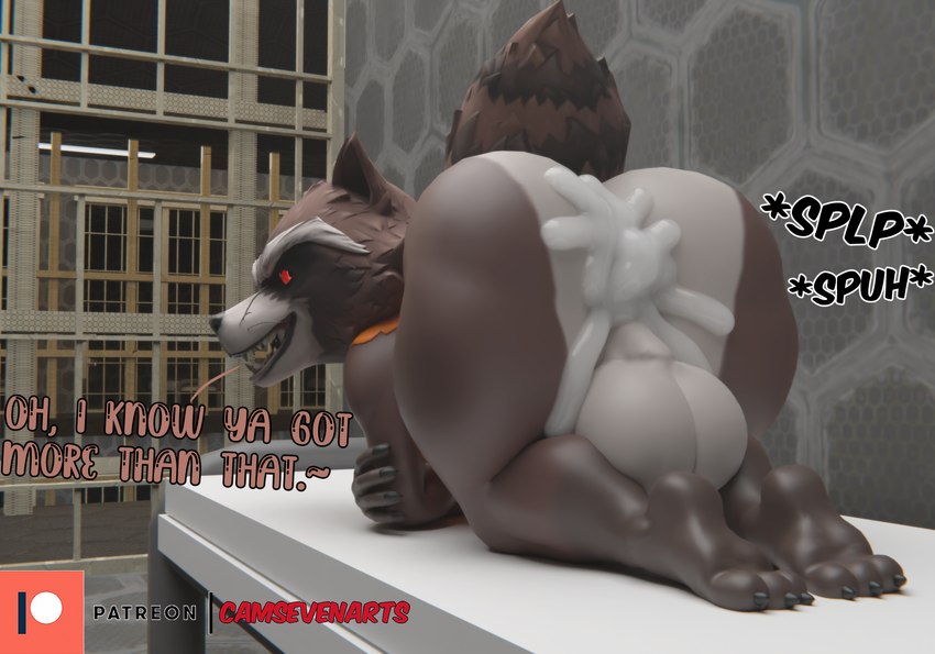 3_toes all_fours anthro anus ass_up balls bed big_balls big_butt black_nose bodily_fluids bottomless bottomless_anthro bottomless_male brown_body brown_fur butt claws clothed clothing countershade_butt countershading crossed_arms cum cum_on_butt detailed_background dialogue fangs feet fur furniture genital_fluids genitals inside looking_back male male_anthro multicolored_body multicolored_fur on_bed onomatopoeia open_mouth open_smile orange_clothing orange_topwear partially_clothed paws perineum pink_anus presenting presenting_hindquarters prison_cell raised_tail red_eyes smile solo sound_effects tail teasing teeth text thick_thighs toes topwear whiskers white_body white_countershading white_fur wide_hips camseven guardians_of_the_galaxy marvel rocket_raccoon mammal procyonid raccoon 2022 3d_(artwork) digital_media_(artwork) english_text hi_res