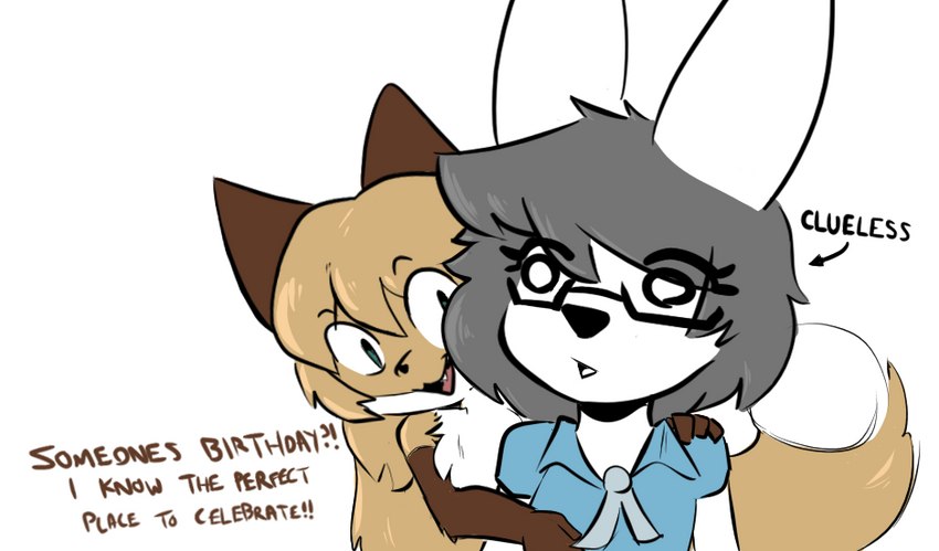 anthro birthday birthday_party blue_clothing blue_shirt blue_topwear brown_body brown_fur clothing dipstick_tail duo eyewear female fur glasses green_eyes grey_hair hair markings oblivious shirt simple_background surprise tail tail_markings topwear white_background anonymous_artist conditional_dnp averi_(fiddleafox) morgan_mco'nielson canid canine chimera fox mammal red_fox true_fox