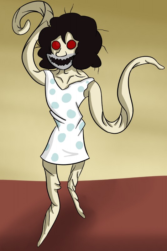 black_hair body_horror clothing creepy dress evil_grin hair long_arms male messy_hair nightmare_fuel no_pupils not_furry polka_dots red_eyes scary smile solo asanasterisk_(artist) dingaling_productions lisa_the_painful humanoid joy_mutant monster monstrous_humanoid 2:3 hi_res