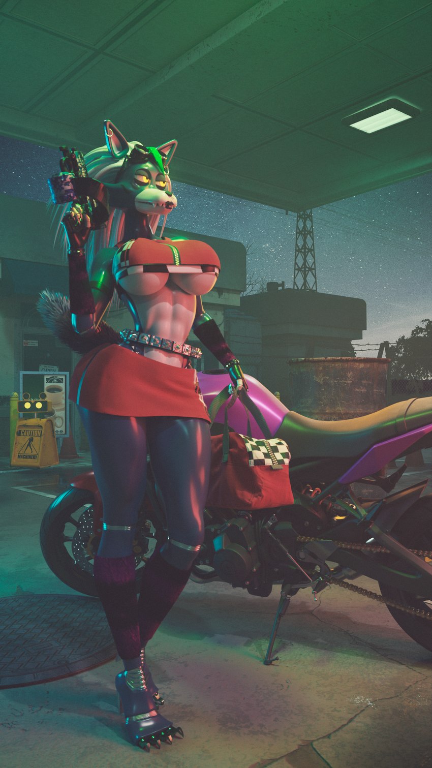 anthro big_breasts breasts clothed clothing ear_piercing ear_ring female gas_station machine motorcycle muscular piercing ring_piercing text vehicle parovozik five_nights_at_freddy's five_nights_at_freddy's:_security_breach scottgames steel_wool_studios roxanne_wolf android animatronic canid canine humanoid mammal robot 2023 3d_(artwork) 4k 9:16 absurd_res digital_media_(artwork) english_text hi_res