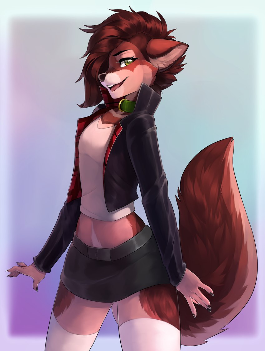 anthro bottomwear breasts brown_body brown_fur brown_hair clothed clothing collar countershading crop_top eyebrows eyelashes female flat_chested fur green_eyes hair midriff pubes shirt skirt solo tomboy topwear talilly skylar_zero canid canine canis mammal red_wolf wolf 2021 digital_media_(artwork) hi_res