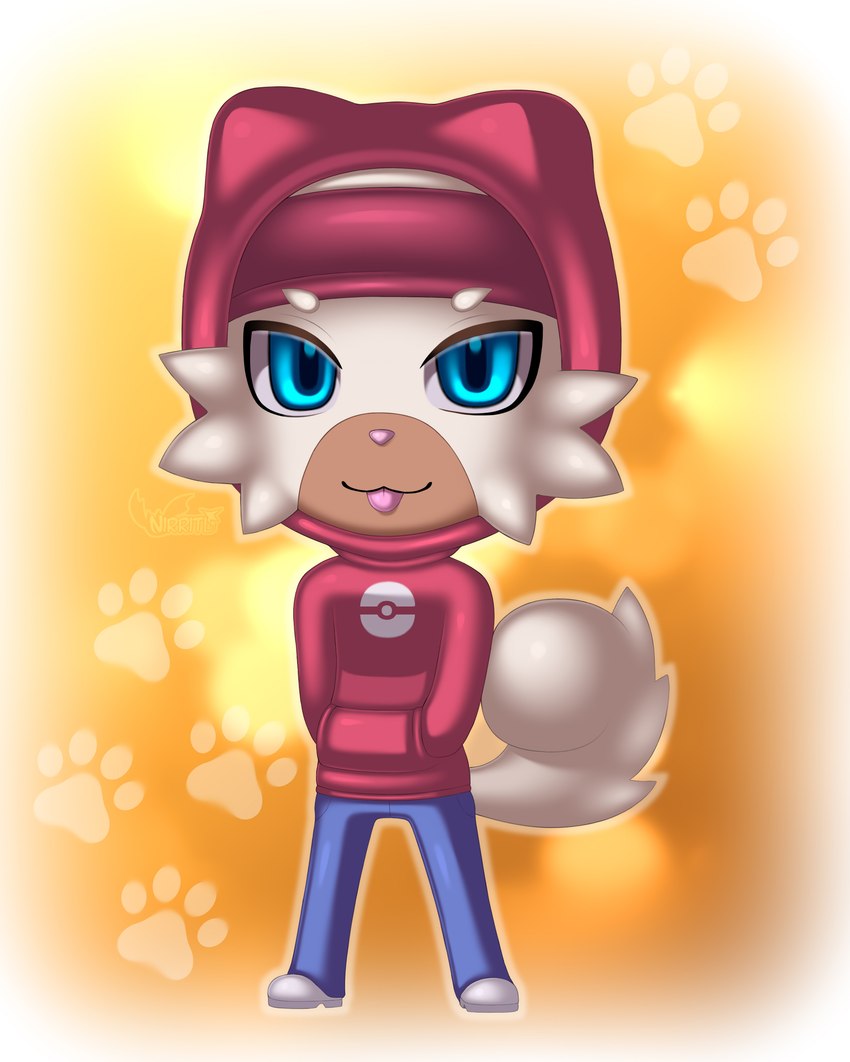 accessory anthro blep blue_eyes bottomwear chibi clothing fluffy fluffy_tail footprint fur happy headband hoodie male multicolored_body multicolored_fur pants pawprint pokemon_logo solo tail tongue tongue_out topwear two_tone_body two_tone_fur nirriti game_freak nintendo pokemon fan_character omega_(omegafiredog) canid canine canis generation_7_pokemon mammal pokemon_(species) rockruff absurd_res digital_drawing_(artwork) digital_media_(artwork) hi_res shaded