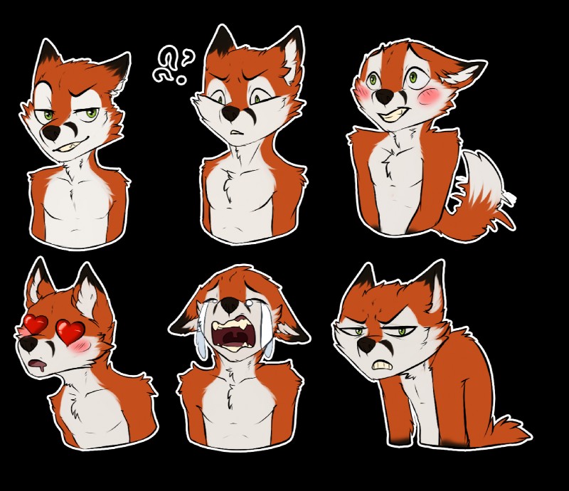 ambiguous_gender angry anthro black_nose blissful_mouth blush bodily_fluids crying dipstick_tail dripping_contour emotion_chart fur green_eyes heart_eyes heart_oculama heart_symbol male markings multicolored_tail multiple_poses oculama orange_body orange_fur pose question_mark solo sticker_pack tail tail_markings tears telegram_sticker white_body white_fur dagernice jerrin_phox canid canine fox mammal red_fox true_fox alpha_channel expression_sheet multiple_images