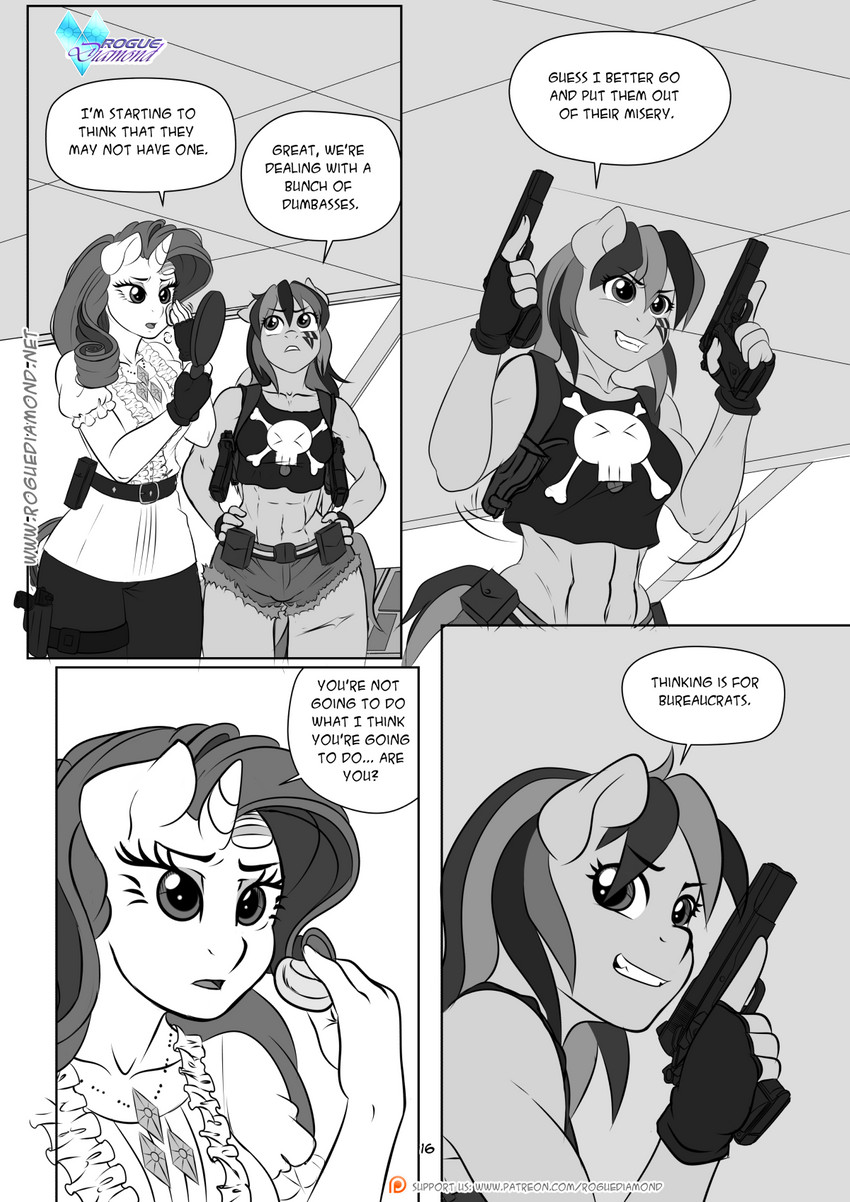 anthro clothing dialogue female fingerless_gloves gloves gun hand_mirror handgun handwear horn mirror ranged_weapon text weapon wings pia-sama friendship_is_magic hasbro my_little_pony mythology rainbow_dash_(mlp) rarity_(mlp) equid equine mammal mythological_creature mythological_equine pegasus unicorn comic english_text hi_res monochrome