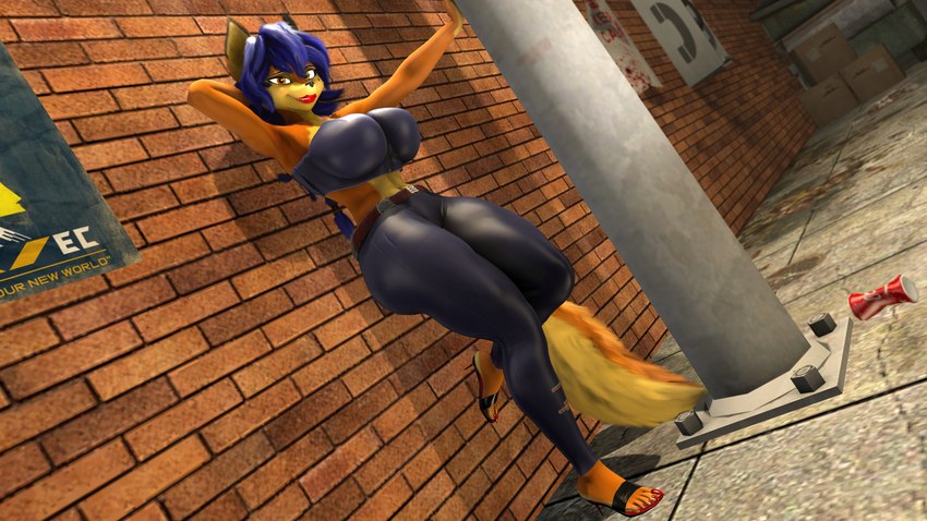 amber_eyes anthro black_body black_fur blue_hair bottomwear brick_wall claws clothed clothing colored_nails colored_toenails feet female footwear fur hair lipstick looking_at_viewer makeup multicolored_body multicolored_fur multicolored_tail nails orange_body orange_fur orange_tail pants red_claws red_nail_polish red_nails red_toenails seductive shoes smile solo tail toenails toes topwear wall_(structure) yellow_body yellow_fur yellow_tail mommyosha sly_cooper_(series) sony_corporation sony_interactive_entertainment sucker_punch_productions warfare_machine carmelita_fox warfare_carmelita canid canine fox mammal 16:9 2021 3d_(artwork) 4k absurd_res digital_media_(artwork) hi_res widescreen