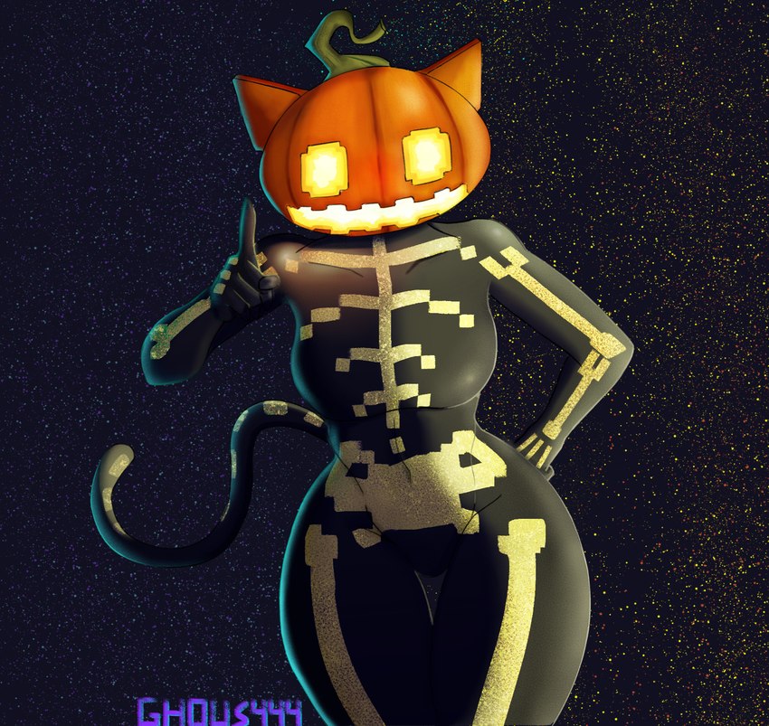 anthro bodysuit bone clothing costume female food for_a_head fruit halloween_costume holidays jack-o'-lantern jumpsuit plant pumpkin pumpkin_head simple_background skeleton skinsuit solo tight_clothing ghous117 epic_games fortnite halloween felid feline mammal object_head hi_res