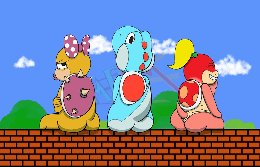 ambiguous_gender anthro butt female group looking_at_viewer pouting sitting smile smirk trio milesperminutemedia mario_bros nintendo koopaling pom_pom_(mario) wendy_o._koopa cyan_yoshi koopa scalie yoshi absurd_res hi_res