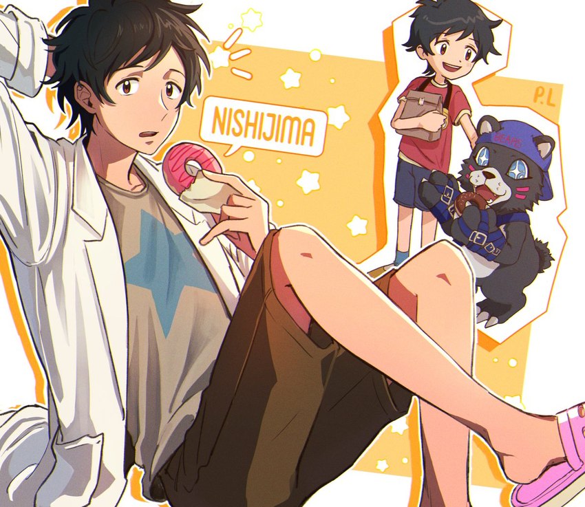 anthro black_hair blue_eyes bottomwear brown_body brown_fur clothing dessert doughnut duo food footwear fur hair male pastry shoes shorts slippers sprinkles pu_lyong bandai_namco digimon daigo_nishijima bearmon digimon_(species) human mammal