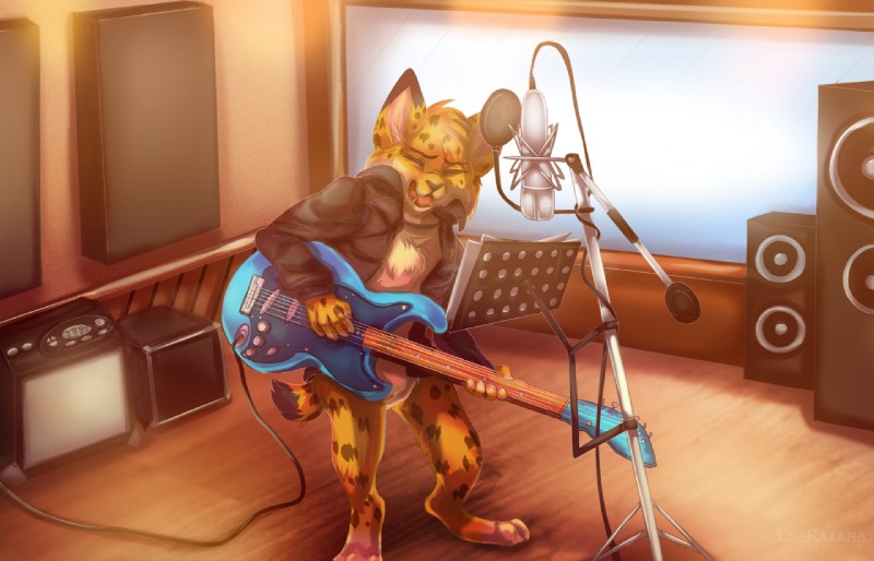 anthro black_nose clothing detailed_background electronics eyes_closed fangs fur guitar holding_musical_instrument holding_object jacket microphone musical_instrument open_mouth orange_body orange_fur playing_guitar playing_music plucked_string_instrument solo string_instrument teeth topwear tuft leokatana gary_the_bobcat felid feline lynx mammal