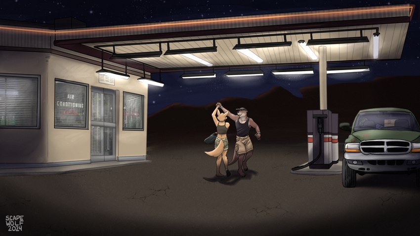 4_toes 5_fingers anthro barefoot black_nose bottomwear brown_body brown_fur clothed clothed_anthro clothed_female clothed_male clothing dancing duo fangs feet female fingers fur gas_station hindpaw humanoid_hands light_truck male male/female night open_mouth open_smile outside paws pickup_truck shirt shorts smile tail tan_body tan_fur tank_top teeth toes topwear truck vehicle unsafescapewolf dodge_(brand) echo_(game) echo_(series) echo_project jenna_begay sydney_bronson canid canine fox kit_fox mammal mustelid otter true_fox 16:9 2024 hi_res signature widescreen