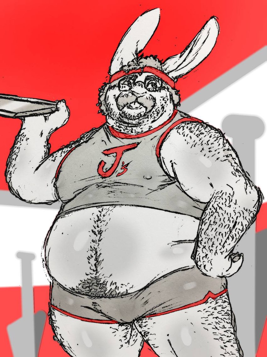 anthro arm_hair beard belly_overhang body_hair bottomwear clothing crop_top curled_hair eddy_bunny eyewear facial_hair glasses hair hairy hairy_legs happy_trail hotpants j's_diner male mustache overweight overweight_male shirt shorts sideburns solo sweatband thick_thighs topwear ericphoria lagomorph leporid mammal rabbit hi_res