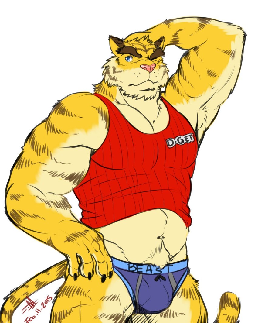 anthro blue_briefs blue_clothing blue_eyes blue_underwear briefs clothed clothing fur male muscular muscular_male pink_nose raised_clothing raised_shirt raised_topwear red_clothing red_shirt red_tank_top red_topwear scratching_head shirt simple_background solo striped_body stripes tank_top topwear underwear white_background yellow_body yellow_fur itsdhani morenatsu torahiko_(morenatsu) felid feline mammal pantherine tiger 2015 4:5 dated hi_res