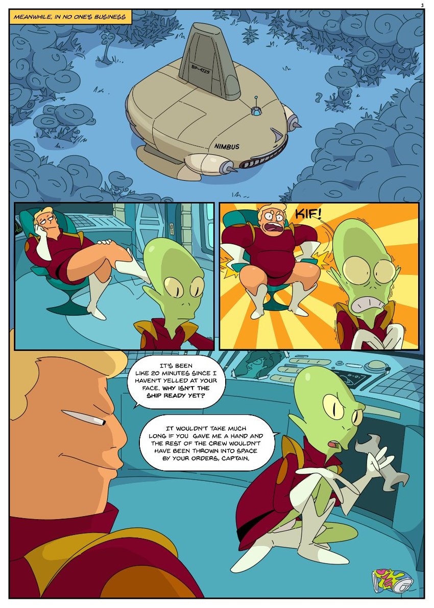 dialogue duo fixing forest male plant spacecraft speech_bubble text tree vehicle matainfancias comedy_central futurama kif_kroker zapp_brannigan alien amphibiosan human humanoid mammal comic english_text hi_res