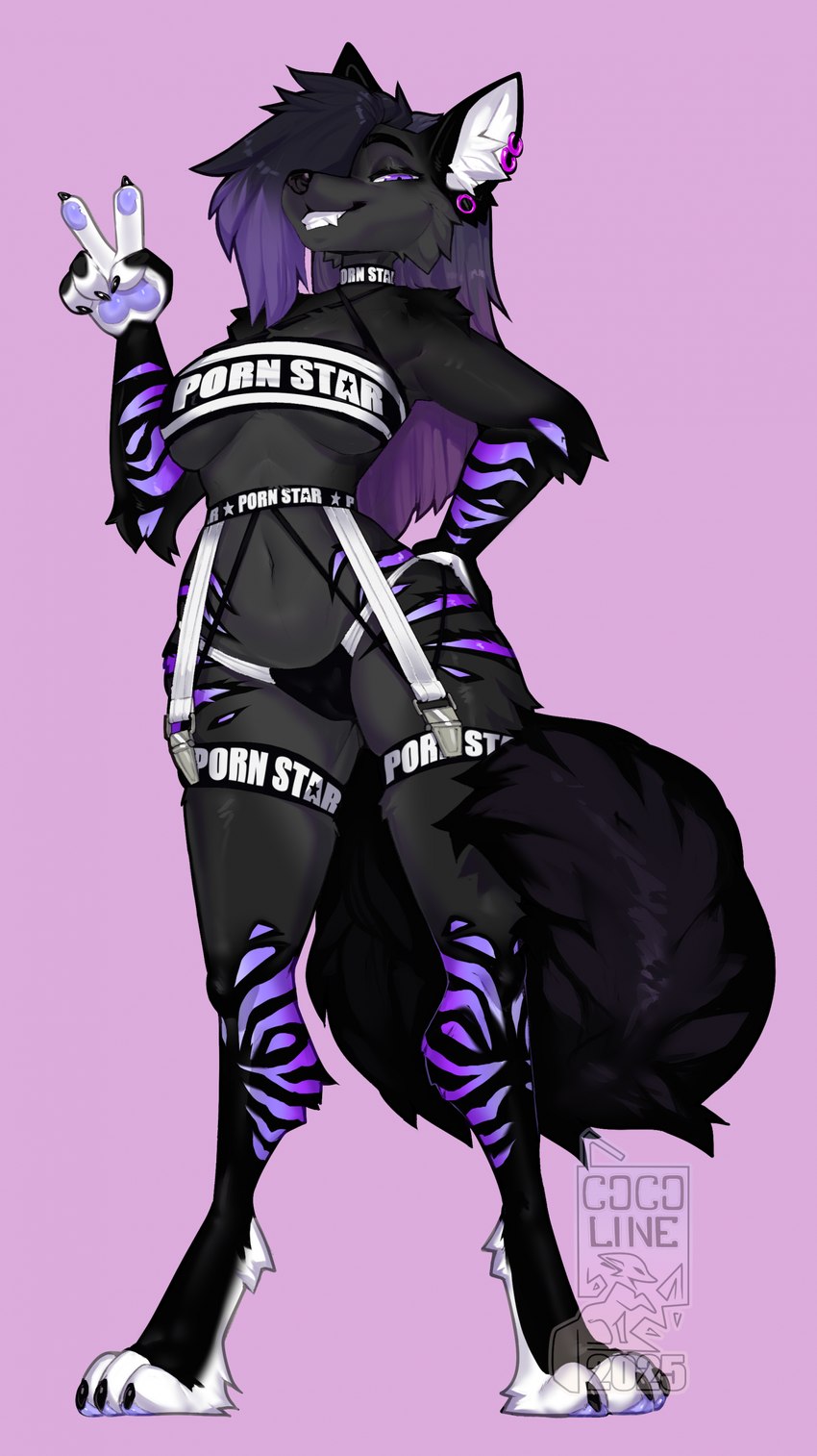 4_toes 5_fingers anthro breasts claws clenched_teeth clothed clothed_anthro clothed_female clothing ear_piercing feet female finger_claws fingers front_view fur grey_body grey_fur grey_tail hair inner_ear_fluff looking_at_viewer navel panties piercing purple_eyes purple_hair simple_background smile standing tail teeth toe_claws toes tuft underwear cocoline_(artist) meme_clothing pornstar_(meme) cocoline canid canine fox mammal 2025 absurd_res digital_media_(artwork) hi_res meme