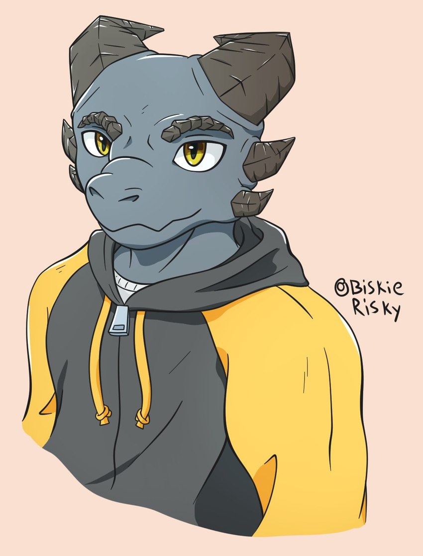 anthro cheek_spikes clothed clothing drawstring facial_spikes front_view hood hoodie horn looking_at_viewer male shirt simple_background smile solo spikes spikes_(anatomy) tan_background topwear undershirt zipper biskierisky risky_(biskierisky) kobold scalie 2020 half-length_portrait hi_res portrait