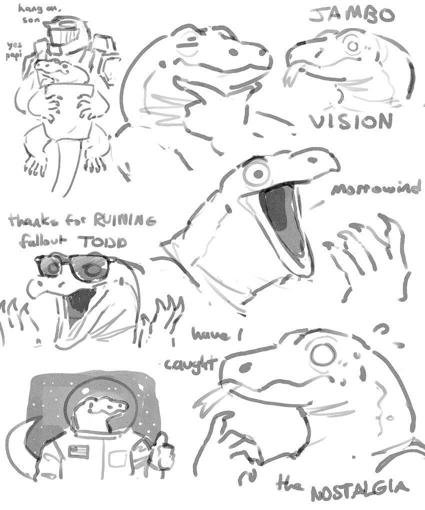 ambiguous_gender anthro astronaut big_tail biped blep claws dialogue duo eyewear finger_claws gesture hand_gesture long_tail simple_background snout solo spacesuit sunglasses tail tapering_tail text thick_tail thumbs_up tongue tongue_out white_background dubindore jambovision lizard monitor_lizard reptile scalie 2024 5:6 absurd_res english_text greyscale hi_res monochrome multiple_images sketch sketch_page