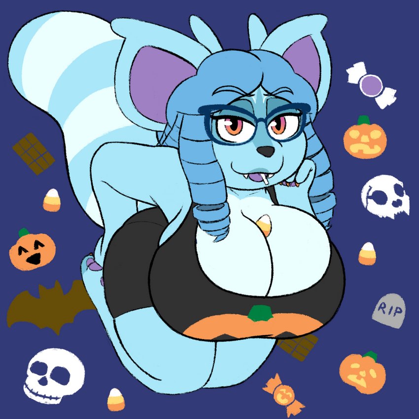 anthro big_breasts blue_body blue_fur blue_hair bone breasts candy candy_corn chocolate chocolate_bar claws cleavage clothed clothing colored_nails countershading dessert drill_curls eyewear fangs female food fur glasses hair hand_on_butt hand_on_hip hand_on_own_butt hand_on_own_hip huge_breasts jack-o'-lantern markings nails orange_claws orange_eyes orange_nails pawpads pink_eyes purple_pawpads purple_tongue shirt skull solo striped_markings striped_tail stripes tail tail_markings tank_top teeth tongue topwear jadebbutts jade_(jadebbutts) mammal procyonid raccoon 1:1 hi_res