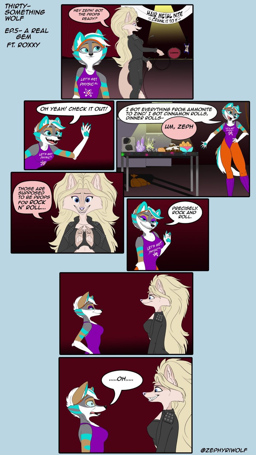 7_panel_comic anthro blonde_hair blue_border border cheek_tuft clothing crop_top duo facial_tuft fangs female female/female fur green_highlights green_pawpads grin hair highlights_(coloring) humor jacket leather leather_clothing leather_jacket leather_topwear leg_warmers legwear leotard open_mouth open_smile pawpads paws red_background shirt simple_background smile tan_body tan_fur teeth text topwear tuft white_hair wide_eyed zephyriwolf roxxy_(roxxy_n_roll) zephyri_q_wolf canid canine canis mammal wolf 9:16 english_text hi_res