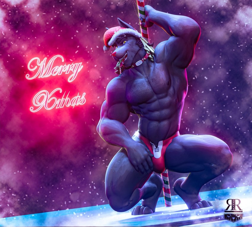 anthro beard biceps black_nipples blonde_hair body_hair bulge candy candy_cane choker christmas_clothing christmas_decorations christmas_headwear christmas_ornament clothed clothing collar costume crouching dancing dessert facial_hair flexing flexing_bicep food fur grey_body grey_fur hair hat headgear headwear holidays jewelry kemono laced_underwear long_hair low_lighting male merry_christmas muscular necklace neon_lights nightclub nipples partially_clothed pecs pole pole_dancing santa_costume santa_hat smile smiling_at_viewer smirk smirking_at_viewer snow solo straps stripper_pole thick_thighs thong thong_only tongue tongue_out topless unbuttoned_underwear underwear underwear_only rexwolf christmas canid canine canis mammal wolf hi_res