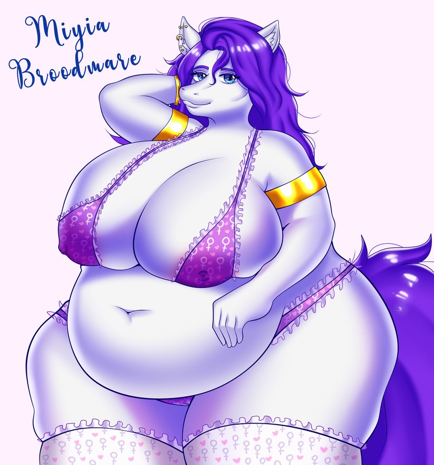 anthro belly belly_overhang big_belly big_breasts blue_eyes bra bracelet breast_squish breasts clothing ear_piercing ear_ring female hair huge_breasts jewelry lace long_hair mature_female obese obese_anthro obese_female overweight overweight_anthro overweight_female piercing pregnant pregnant_anthro pregnant_female purple_hair ring_piercing solo squish straining_clothing straining_underwear thick_thighs underwear white_body white_skin morris_(artist) miyia_broodmare morrissey equid equine horse mammal hi_res