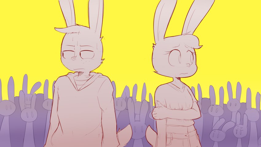 anthro clothing crop_top duo_focus female group head_tuft high_waisted_bottomwear hoodie large_group male nervous shirt simple_background simple_eyes topwear tuft worried_look agidyne rose_(agidyne) stephen_(agidyne) lagomorph mammal 16:9 4k absurd_res hi_res widescreen