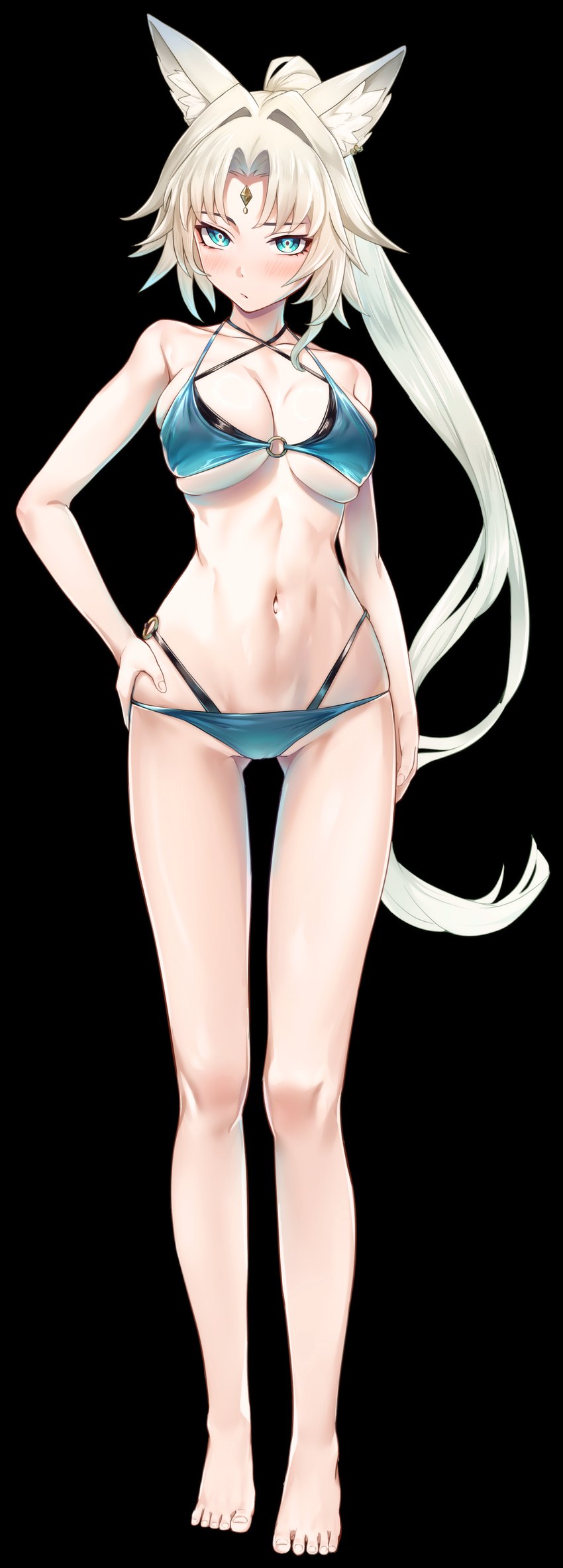 bikini blue_bikini blue_clothing blue_eyes blue_swimwear breasts butt butt_from_the_front clothing collarbone ear_piercing ear_ring eyebrows eyelashes feet female glistening glistening_body glistening_skin hair hand_on_hip inner_ear_fluff layered_bikini long_hair navel piercing ponytail ring_piercing solo swimwear tuft two-piece_swimsuit white_hair noshiro_tomoya honkai:_star_rail mihoyo feixiao_(honkai:_star_rail) animal_humanoid canid canid_humanoid canine canine_humanoid fox_humanoid humanoid mammal mammal_humanoid 2025 absurd_res hi_res