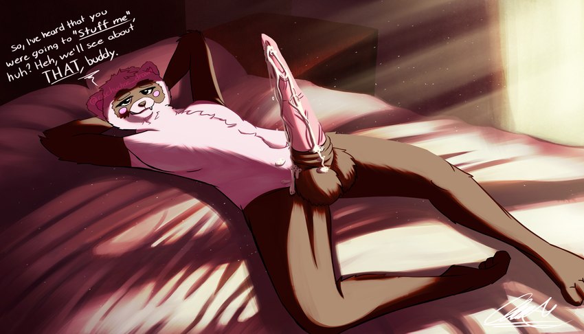 animal_genitalia animal_penis balls bed bedroom big_penis bodily_fluids cervine_genitalia cervine_penis cum dirty_talk flushed furniture genital_fluids genitals leakage male medial_ring mismatched_animal_genitalia mismatched_animal_penis mismatched_genitalia mismatched_penis penis pillow precum smile smirk sunny table talking_to_viewer text cachuchas domestic_ferret mammal mustelid musteline true_musteline weasel 7:4 absurd_res hi_res