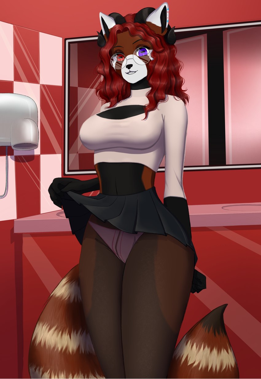 anthro bathroom black_body black_bottomwear black_clothing black_fur black_skirt bottomwear breasts brown_body brown_fur bulge cleavage_cutout clothed clothing clothing_lift crop_top cutout dryer ear_piercing eyewear fur glasses gynomorph hair hand_dryer heterochromia horizontal_pupils horn intersex legwear lgbt_pride long_sleeves midriff mirror navel panties panties_bulge piercing pleated_skirt presenting_bulge presenting_panties presenting_underwear pride_color_accessory pride_color_jewelry pride_colors public_restroom pupils purple_eyes red_eyes red_hair restroom_stall shirt skirt skirt_lift smile solo stockings tile tile_wall topwear transgender_pride_colors translucent translucent_clothing underwear upskirt wall_(structure) white_body white_clothing white_fur white_panties white_underwear pinkstardust8 daralya_silvermint ailurid bovid caprine hybrid mammal red_panda sheep 2021 absurd_res hi_res trans_(lore) trans_woman_(lore)