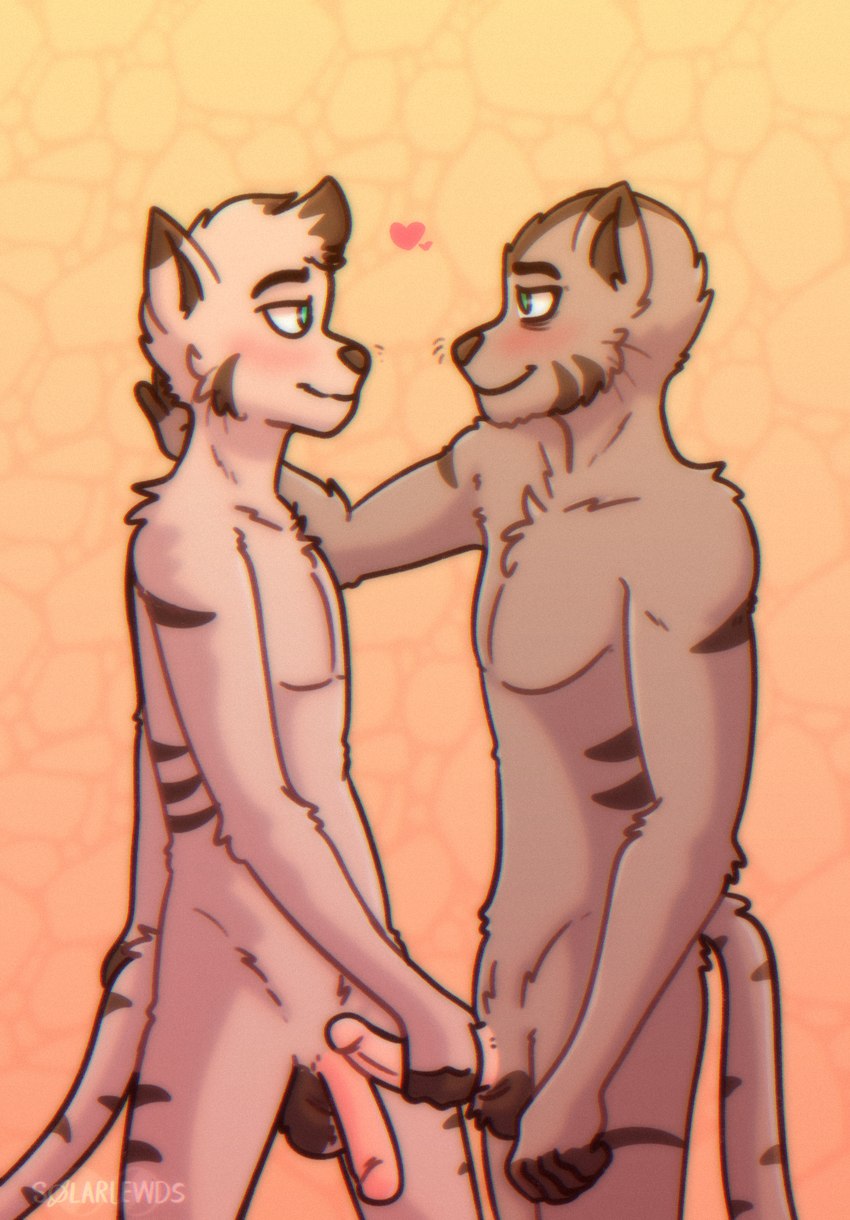 anthro anthro_on_anthro balls bedroom_eyes biped blush brown_ears brown_fingers brown_inner_ear brown_markings brown_nose brown_stripes closed_smile duo erection eye_contact fingers fur fur_markings genitals grey_body half-closed_eyes half-erect heart_symbol humanoid_genitalia humanoid_penis imminent_sex looking_at_another looking_at_partner male male/male male_anthro markings mouth_closed narrowed_eyes nude nude_anthro nude_male penis penis_grab pink_penis seductive side_view simple_background smile smiling_at_another smiling_at_partner striped_body striped_fur stripes tail tail_markings teal_eyes whiskers white_body white_fur solarlewds jinx_(solarlewds) simon_(solarlewds) felid feline mammal digital_media_(artwork) hi_res father_(lore) father_and_child_(lore) father_and_son_(lore) incest_(lore) parent_(lore) parent_and_child_(lore) parent_and_son_(lore) son_(lore)