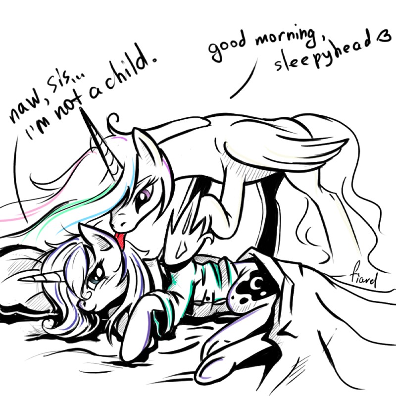 bedding blanket clothing cutie_mark duo feathered_wings feathers female feral horn licking pajamas pillow quadruped simple_background tail tongue tongue_out white_background wings fiarel friendship_is_magic hasbro my_little_pony mythology princess_celestia_(mlp) princess_luna_(mlp) equid equine mammal mythological_creature mythological_equine winged_unicorn 1:1 sketch sibling_(lore) sister_(lore) sisters_(lore)