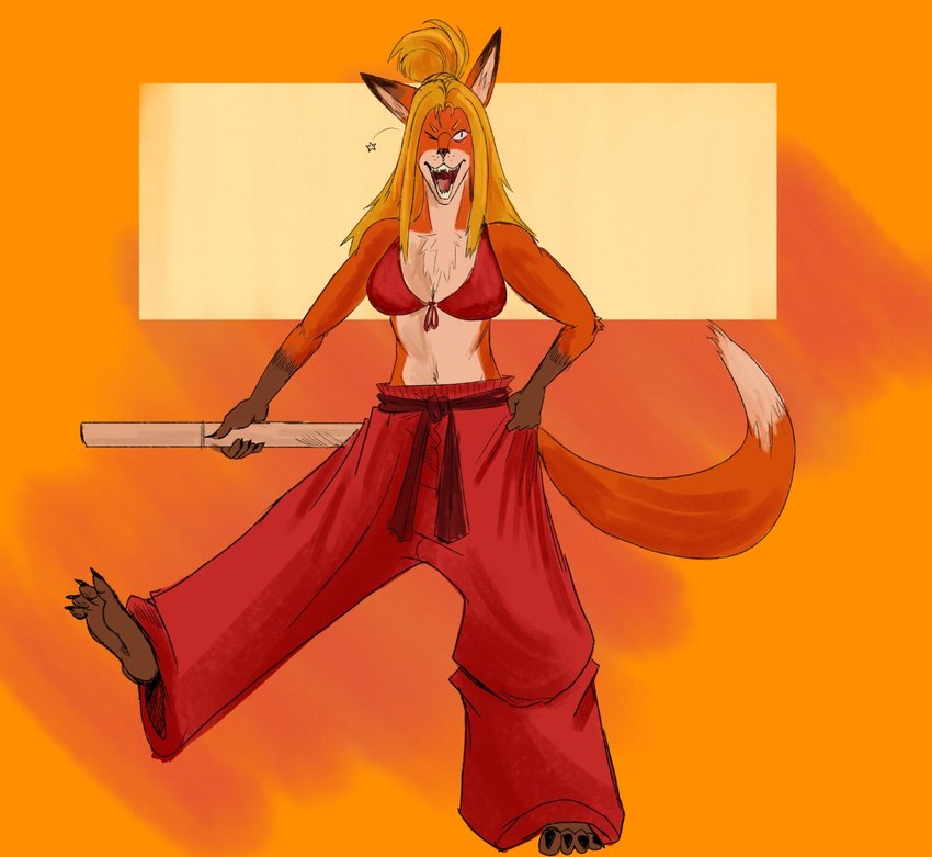 anthro blonde_hair bottomwear bra breasts brown_body brown_fur clothing clothing_grab fangs female fur hair holding_breast katana melee_weapon one_eye_closed open_mouth orange_body orange_fur oversized_bottomwear oversized_clothing oversized_pants pants red_clothing solo sword tan_body tan_fur teeth underwear weapon wink zac_impact tamamo_the_terrible canid canine fox mammal colored hi_res