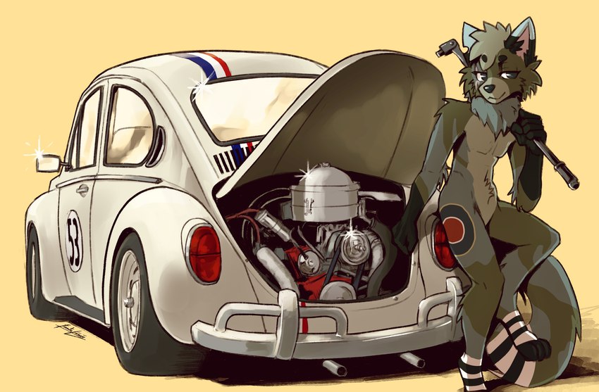 3_toes 5_fingers anthro blue_eyes blue_nose car chest_tuft countershade_torso countershading digitigrade engine feet fingers fur gloves_(marking) green_body green_fur holding_object holding_tool holding_wrench inner_ear_fluff leaning_on_car leaning_on_object male markings simple_background smile solo standing striped_body striped_legs striped_markings striped_tail stripes tail tail_markings tan_background toes tools tuft vehicle white_body white_car white_fur wrench fanteliscio the_love_bug volkswagen volkswagen_beetle canid canine canis mammal wolf 2023 absurd_res digital_drawing_(artwork) digital_media_(artwork) hi_res signature