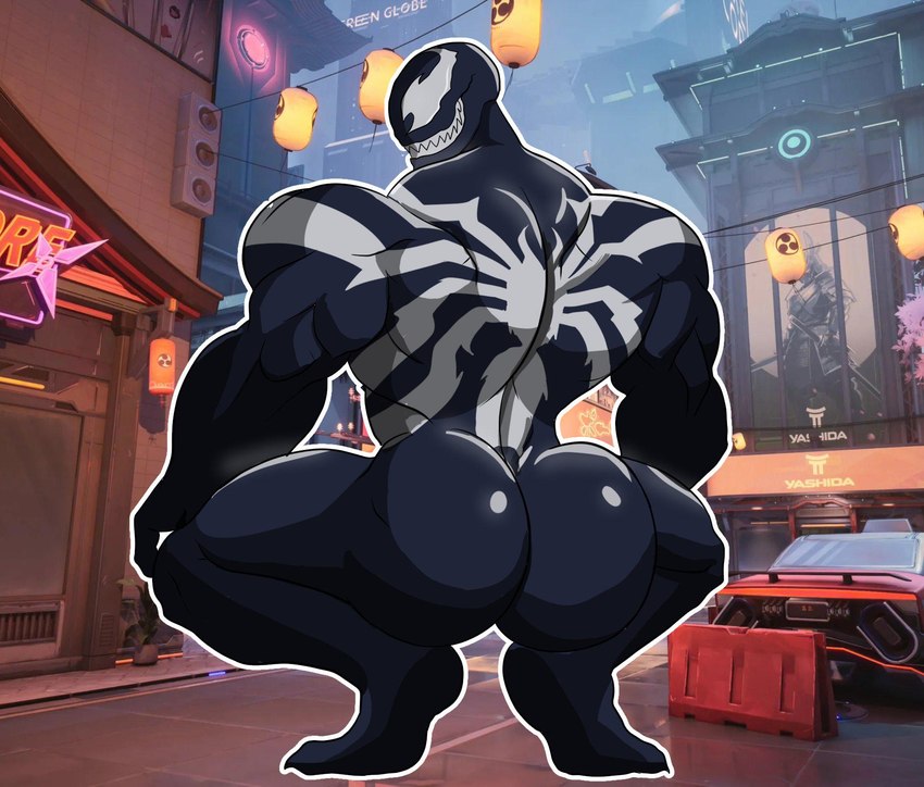 big_butt big_muscles black_body bubble_butt butt crouching emblem empty_eyes looking_back male muscular muscular_male not_furry rear_view screencap screencap_background sharp_teeth smile solo teeth shorovdt broly_culo marvel marvel_rivals venom_(marvel) alien alien_humanoid humanoid symbiote hi_res meme