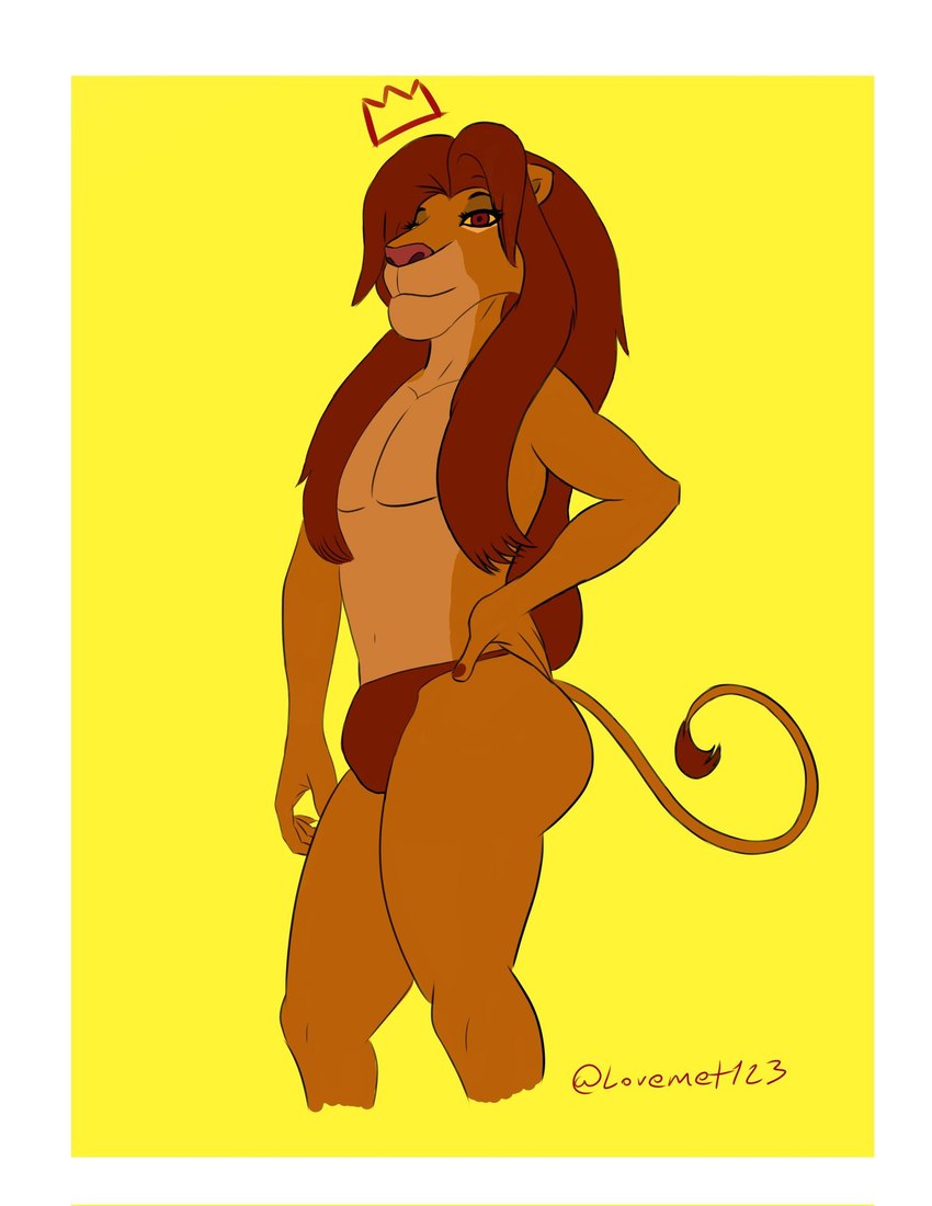 anthro anthrofied border butt clothed clothing femboy fur hair hand_on_hip male red_eyes red_hair simple_background smile solo tail tail_tuft thick_thighs thong topless topless_male tuft underwear white_border yellow_background yellow_body yellow_fur lovemet123_(lovemet_room) disney the_lion_king simba_(the_lion_king) felid lion mammal pantherine hi_res