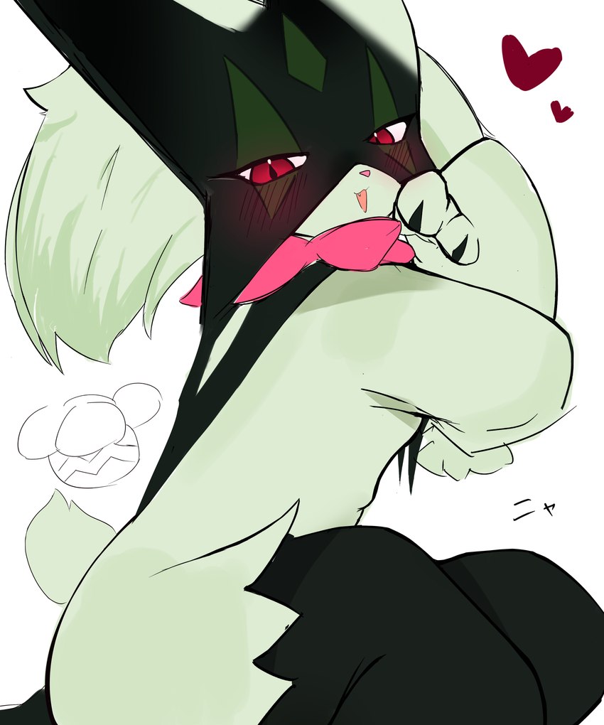 ambiguous_anthro ambiguous_gender anthro biped black_body black_fur blush blush_lines cute_fangs fangs fingers frill_(anatomy) fur green_body green_fur green_tail head_tuft heart_symbol kemono looking_at_viewer mask monotone_tail multicolored_body multicolored_fur neck_frill nude open_mouth open_smile pink_nose pupils red_eyes scut_tail short_tail side_view simple_background sitting smile solo tail teeth tuft two_tone_body two_tone_fur white_background samuten nintendo pokemon felid feline generation_9_pokemon mammal meowscarada pokemon_(species) 2025 5:6 absurd_res colored digital_media_(artwork) hi_res portrait shaded simple_shading three-quarter_portrait