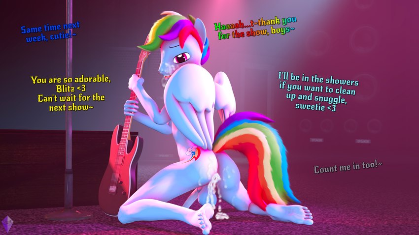 anthro anthrofied balls blue_body bodily_fluids crossgender cum dialogue electric_guitar feet ftm_crossgender genital_fluids genitals guitar hair kneeling male multicolored_hair multicolored_tail musical_instrument offscreen_character penis plucked_string_instrument rainbow_hair rainbow_tail solo stage string_instrument tail text wings unie friendship_is_magic hasbro my_little_pony mythology rainbow_dash_(mlp) equid equine mammal mythological_creature mythological_equine pegasus 3d_(artwork) absurd_res digital_media_(artwork) english_text hi_res