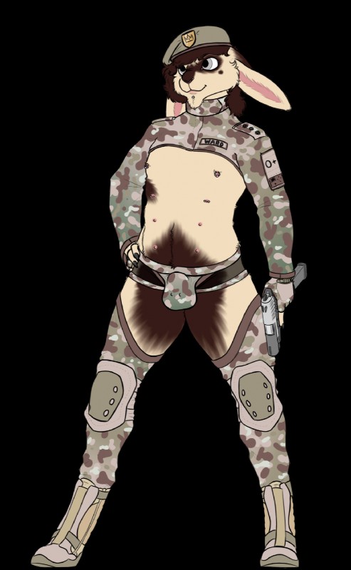 anthro areola belly biped brown_body brown_fur brown_hair bulge camo clothed clothing collar digitigrade facial_piercing fur grey_eyes gun hair jockstrap long_ears male multi_nipple multicolored_body multicolored_fur navel nipple_piercing nipples piercing ranged_weapon simple_background skimpy smile solo spread_legs spreading standing tan_body tan_fur thick_thighs transparent_background two_tone_body two_tone_fur underwear weapon nilla_(artist) vanilla_(nilla) lagomorph leporid mammal rabbit 2016 alpha_channel digital_media_(artwork) full-length_portrait hi_res portrait