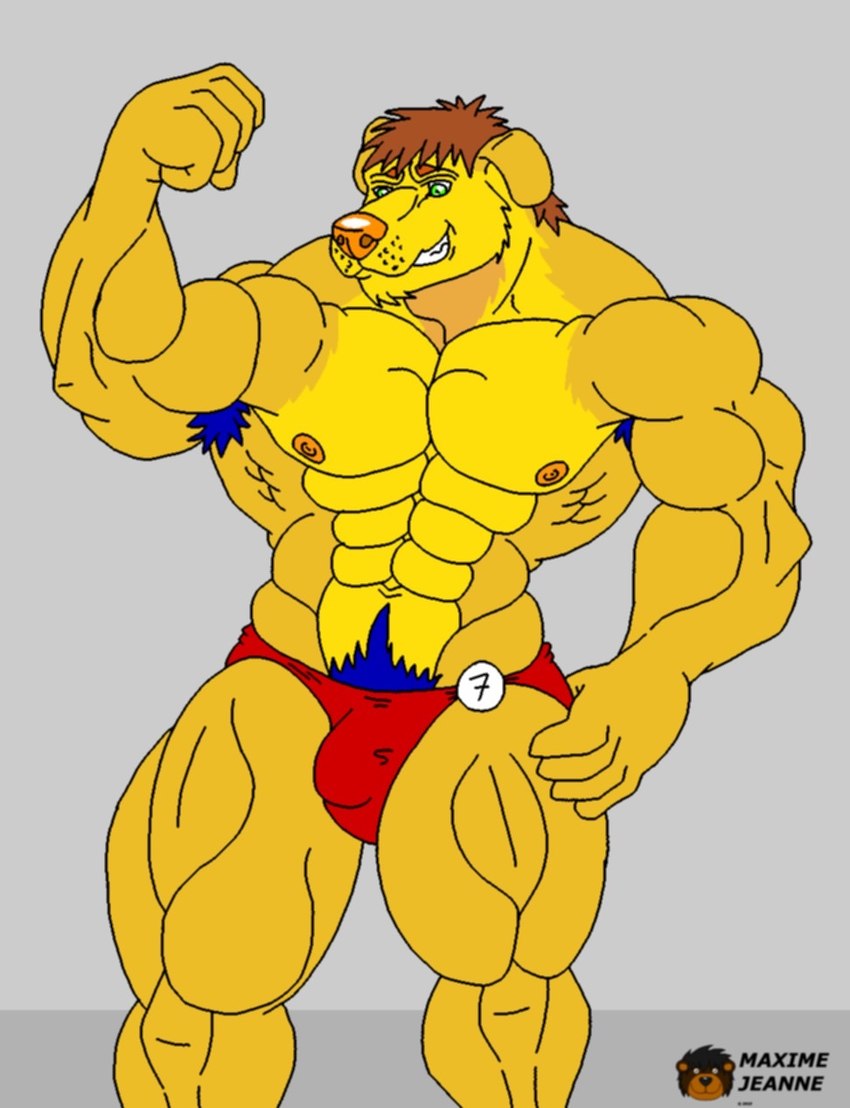 anthro big_muscles blue_armpit_hair blue_pubic_hair brown_hair bulge clothing fur green_eyes hair male muscular nipples orange_nose red_clothing red_speedo red_swimwear solo speedo swimwear yellow_body yellow_fur maxime-jeanne musclefurrydogaaron aaron_(musclefurrydogaaron) canid canine canis domestic_dog mammal hi_res