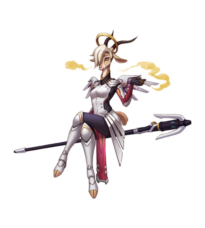 anthro biped cigarette clothed clothing cosplay crossover_cosplay fully_clothed fur horn simple_background sitting solo tan_body tan_fur white_background bei_ju_luoxuan_wan blizzard_entertainment disney overwatch zootopia gazelle_(zootopia) mercy_(overwatch) antelope bovid gazelle mammal 2017 crossover hi_res