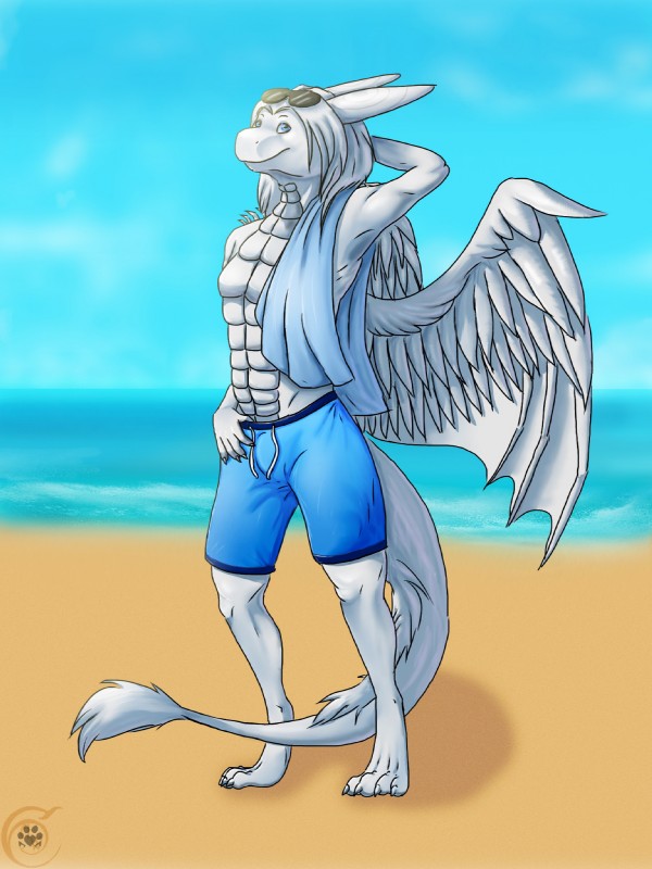 anthro beach bottomwear clothing cloud detailed_background eyewear feathered_wings feathers fluffy hair lake male outside sand seaside shorts sky solo summer sunglasses swimming_trunks swimwear tail teasing towel water wings aquilla-whingate ember-dragoness mythology aquilla dragon feathered_dragon feathered_scalie mythological_creature mythological_scalie reptile scalie 2014 3:4 hi_res