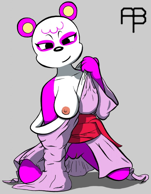 anthro asian_clothing bedroom_eyes biped breasts clothed clothing east_asian_clothing female genitals grey_background half-closed_eyes happy japanese_clothing kimono kneeling looking_at_viewer narrowed_eyes naughty_face nipples pussy seductive simple_background smile smug solo undressing abtp animal_crossing nintendo pinky_(animal_crossing) bear giant_panda mammal absurd_res digital_media_(artwork) hi_res