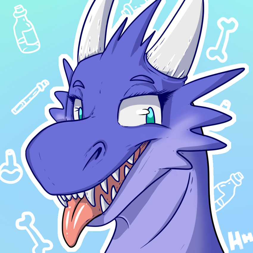 anthro blep blue_body blue_eyes blue_scales female horn looking_at_viewer pink_tongue scales sharp_teeth solo teeth tongue tongue_out nastybuttasty loskra kobold scalie 1:1 2019 headshot_portrait icon portrait signature