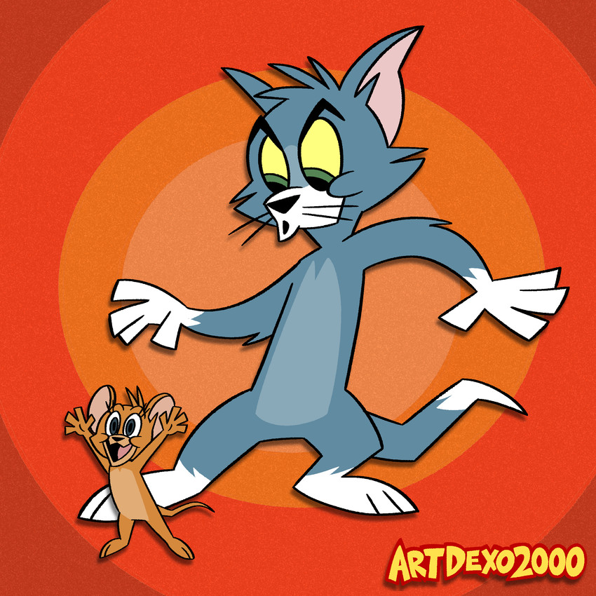 4_fingers anthro biped black_nose domestic_pet drop_shadow duo fingers green_eyes male open_mouth outline toony whiskers artdexo2000 cartoon_network metro-goldwyn-mayer tom_and_jerry jerry_mouse thomas_cat domestic_cat felid feline felis mammal mouse murid murine rodent 1:1 absurd_res hi_res