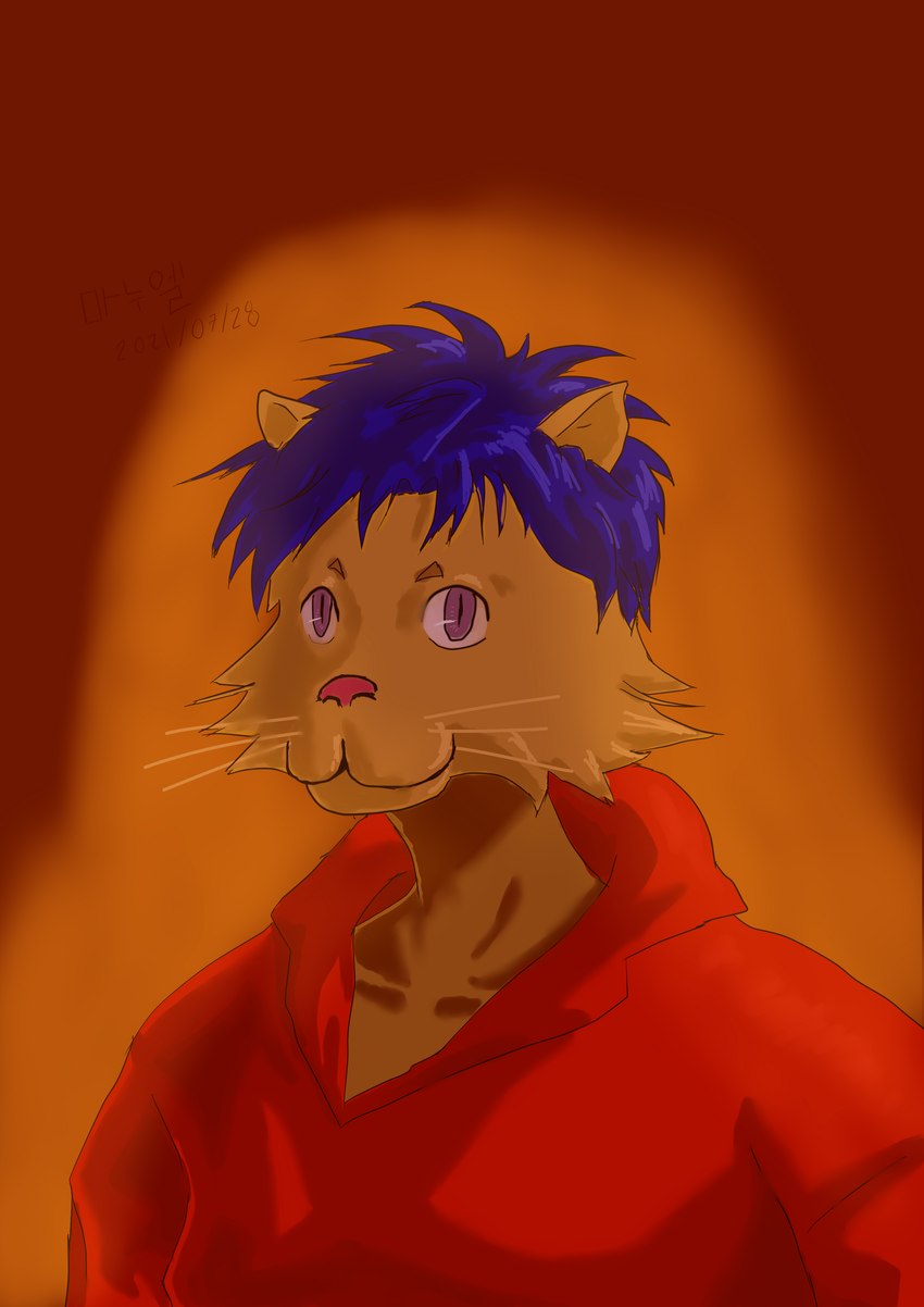 aura blue_hair clothing hair male red_clothing solo young yopo9810 domestic_cat felid feline felis humanoid mammal 2021 absurd_res digital_drawing_(artwork) digital_media_(artwork) hi_res