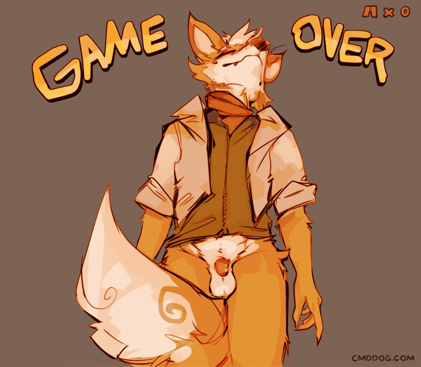 anthro balls biped bottomless bottomless_anthro bottomless_male clothed clothing eyes_closed flaccid fur game_over gameplay_mechanics genitals male multicolored_body multicolored_fur orange_body orange_fur penis small_penis solo two_tone_body two_tone_fur white_balls white_body white_fur lawyerdog nintendo star_fox fox_mccloud canid canine fox mammal 2024 digital_media_(artwork)