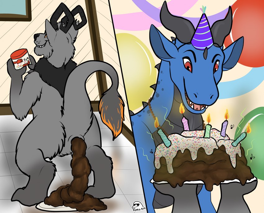 anthro anus balloon birthday birthday_candle black_body black_fur black_horn blue_body blue_scales candle clothing curled_horn duo feces feces_as_food feces_on_ground feces_on_plate feces_pile feral forked_tongue frosting fur grey_body grey_fur grey_horn grey_scales hanging_streamer hat headgear headwear holding_object horn inflatable jewelry lit_candle male necklace open_mouth orange_body orange_fur party_hat plate pooping pooping_on_floor pooping_on_plate quadruped raised_tail red_eyes ruff scales scatplay smelly smile sprinkles standing tail tail_tuft teeth text tongue tuft whisker_spots flippin-rad mythology alenn maxim_(axiomjejune) arthropod dragon fly_(animal) imp insect mythological_creature mythological_scalie scalie artist_name hi_res male_(lore)