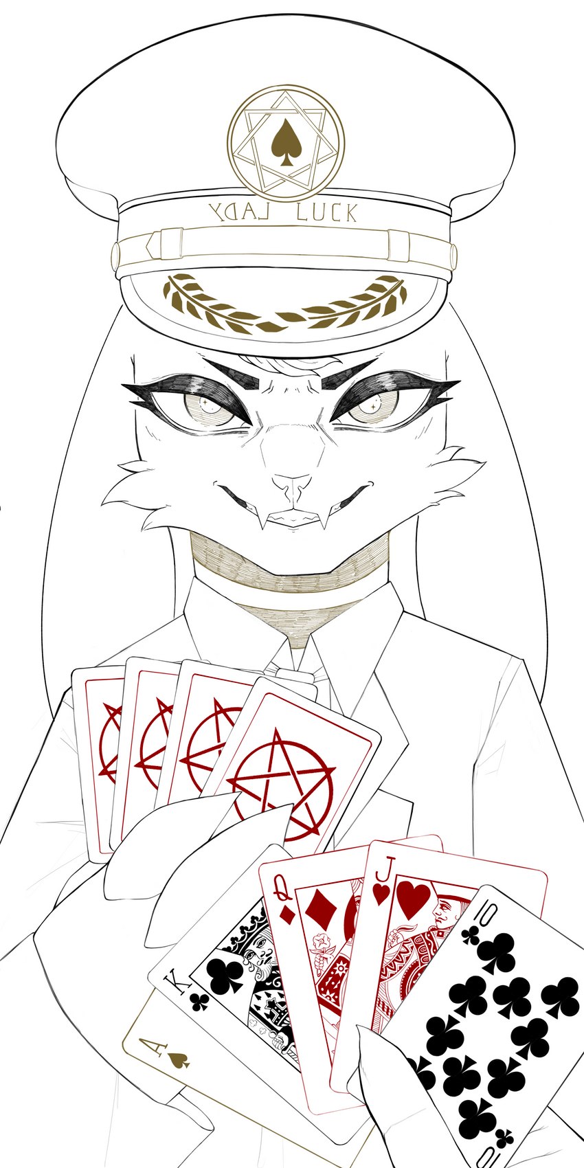 ace_of_spades ambiguous_gender anthro backwards_text biped black_text cheek_tuft claws clothed clothed_ambiguous clothed_anthro clothing clubs_(suit) diamonds_(suit) ears_down eyebrows eyelashes eyeshadow facial_tuft fangs finger_claws first_person_view floppy_ears fur fur_tuft glistening glistening_eyes hair hat headgear headwear hearts_(suit) heptagram inverted_pentagram looking_at_viewer makeup neck_stripes number occult_symbol peaked_cap pentagram pivoted_ears pupils red_text simple_background solo spades_(suit) straight_(poker_hand) striped_neck suit_symbol symbol teeth text text_on_clothing text_on_hat text_on_headwear tuft white_background yellow_text possumcrimes cc-by-sa creative_commons scp_foundation whore_of_blood scp-6159-2 bovid caprine caprine_demon demon goat goat_demon mammal 1:2 2022 absurd_res digital_drawing_(artwork) digital_media_(artwork) hi_res line_art story_at_source nonbinary_(lore)