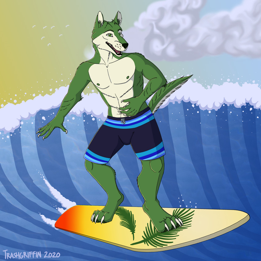 4_toes 5_fingers anthro claws clothed clothing feet fingers fur green_body green_eyes green_fur green_nipples male multicolored_body multicolored_fur muscular muscular_anthro muscular_male nipples sea short_fur solo surfboard surfer surfing swimming_trunks swimwear toe_claws toes topless two_tone_body two_tone_fur vehicle water watercraft wave trashgriffin greeny_(odisaodi) canid canine canis mammal wolf 1:1 2020 hi_res