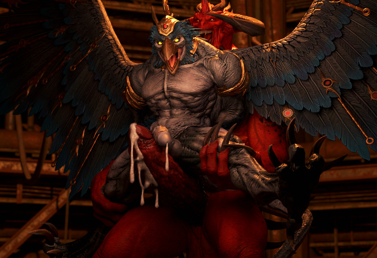abs anthro beak biceps big_penis bodily_fluids chaos claws deltoids dominant dominant_male duo erection genital_fluids genitals holding_leg holding_partner horn humanoid_genitalia humanoid_penis imminent_sex jewelry male male/male membrane_(anatomy) membranous_wings muscular muscular_anthro muscular_arms muscular_thighs nipples nude open_beak open_mouth pecs penis red_body serratus spikes spikes_(anatomy) standing teeth triceps wings outofnecessity blizzard_entertainment diablo total_war:_warhammer warhammer_(franchise) diablo_(character) god_slayer chaos_daemon daemon_prince demon 3d_(artwork) digital_media_(artwork) hi_res