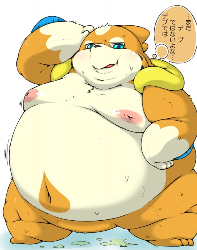 anthro belly big_belly big_cheeks blue_eyes blush bodily_fluids chubby_cheeks featureless_crotch fur half-closed_eyes hand_on_head male moobs morbidly_obese morbidly_obese_anthro morbidly_obese_male narrowed_eyes navel nipples nude obese obese_anthro obese_male open_mouth orange_body orange_fur overweight overweight_anthro overweight_male simple_background solo speech_bubble standing sweat text thick_thighs hamatnk nintendo pokemon floatzel generation_4_pokemon mammal mustelid pokemon_(species) 2017 digital_drawing_(artwork) digital_media_(artwork) hi_res japanese_text